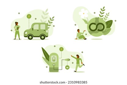 conjunto de ilustraciones de sostenibilidad. los personajes eligen el coche eléctrico y la estación de carga para reducir la contaminación del aire y los gases de efecto invernadero. concepto de energía renovable. ilustración vectorial.