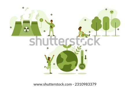 sustainability illustration set. characters choose nuclear reactors to produce electricity to reduce air pollution and greenhouse gases and restore nature. renewable energy concept vector.