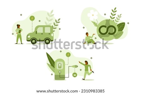 sustainability illustration set. characters choose electric car and charging station to reduce air pollution and greenhouse gases. renewable energy concept. vector illustration.