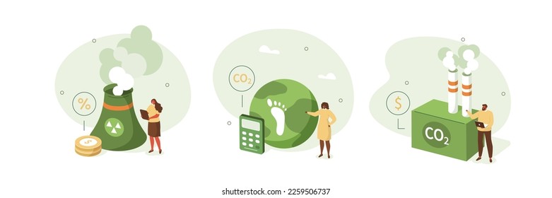 
Sustainability illustration set. Characters demonstrating methods of reducing CO2 impact through carbon management and taxes. Low carbon and environmental responsibility concept. Vector illustration.