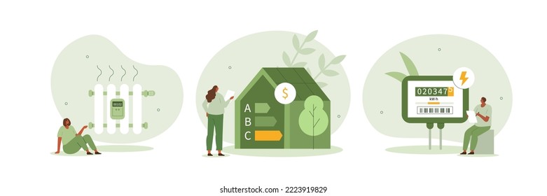 Sustainability illustration set. Characters monitoring private electricity and central heating meter and calculating household utility bill. Home energy efficiency audit concept. Vector illustration.