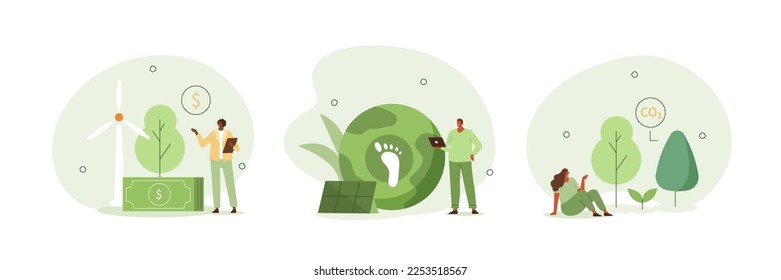 Sustainability illustration set. Characters presenting ways to reduce CO2 emission footprint through carbon offset, credit and forest conservation. Low carbon concept. Vector illustration.