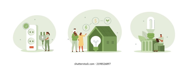Sustainability illustration set. Characters reduce energy consumption at home, unplug appliances and use energy saving light bulb. Green electricity and power save concept. Vector illustration.