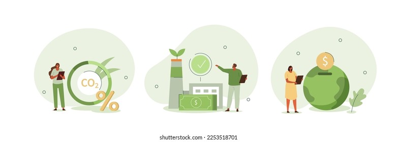 Sustainability illustration set. Characters showing ways to reduce CO2 emission through carbon tax, credit and eco investing. Low carbon and environmental responsibility concept. Vector illustration.