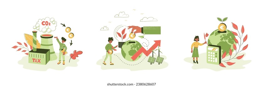 Sustainability illustration set. Characters showing ways to reduce CO2 emission through carbon tax, credit and eco investing. Low carbon and environmental responsibility concept. Vector illustration.
