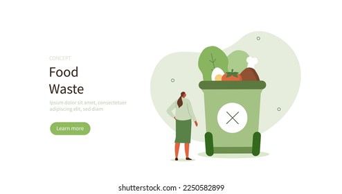 
Sustainability illustration set. Characters throwing food waste into a trash bin and thinking how to reducing it. Zero waste concept. Vector illustration.