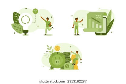 sustainability illustration set. characters using clean energy to electricity, that keeps co2 down and saves you more money. clean energy and saving money concept. vector illustration.