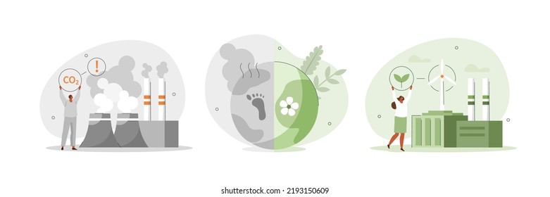 Sustainability illustration set. Coal power station producing CO2 emission pollution and sustainable clean factory with renewable energy. Climate change concept. Vector illustration. 