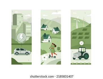 
Sustainability illustration set. Electric car in modern city center, character driving e-scooter and smart eco farm with windmills and solar panels. Sustainable future concept. Vector illustration.