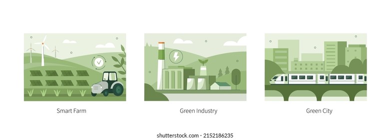 Sustainability illustration set. Electric power industry station, green agriculture farm with windmills and solar energy panels and modern city with eco-friendly transportation. Vector illustration.