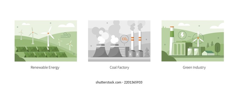 Nachhaltigkeitsgrafik-Set. Elektrizität aus erneuerbaren Energiequellen mit Windkraftanlagen, Solarkraftwerk und Kohlekraftwerken, die Strom für die Industrie erzeugen. Konzept der CO2-Verschmutzung. Vektorgrafik.