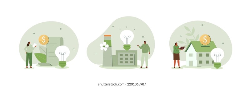 Sustainability illustration set. Energy efficiency in household and industry. Characters using green electricity, paying less and saving money. Electricity consumption concept. Vector illustration.