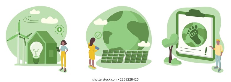 Sustainability illustration set. Energy efficiency in household and industry. Characters using green electricity, windmills and solar panels. Reduce carbon foodprint concept. Vector illustration.