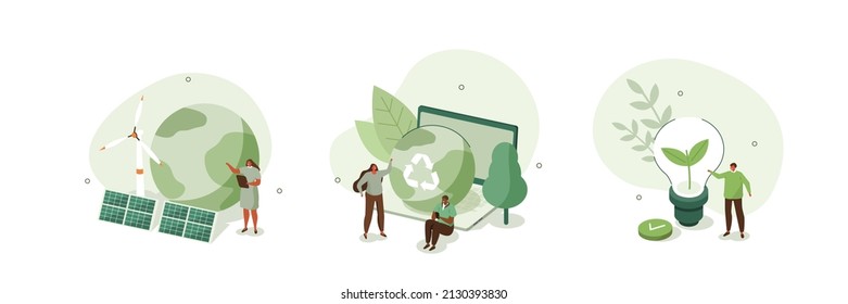 Sustainability illustration set. ESG, green energy, sustainable industry with windmills and solar energy panels. Environmental, Social, and Corporate Governance concept. Vector illustration.
