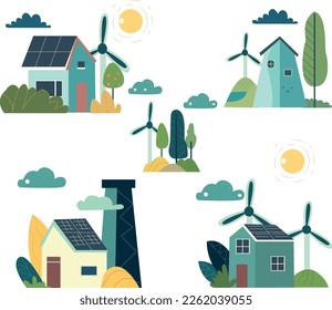Sustainability illustration set. ESG, green energy, sustainable industry with windmills and solar energy panels. Environmental, Social, and Corporate Governance concept. Vector illustration. 