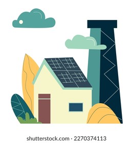 Sustainability illustration set. ESG, green energy, sustainable industry with windmills and solar energy panels. Environmental, Social, and Corporate Governance concept. Vector illustration. 