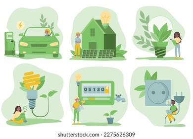 Sustainability illustration set in flat style. Energy saving light bulb, electric vehicle, solar panels, home utilities, unplugging appliances. Green electricity and power save concept.