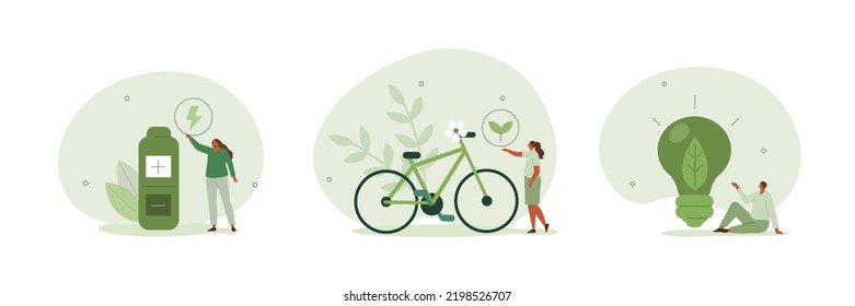 
Sustainability Illustration Set. Sustainable Battery Technology, Green Energy And Eco Friendly Transportation. Renewable Energy Concept. Vector Illustration.
