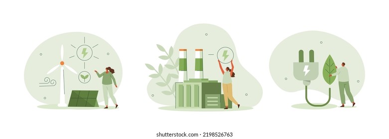 Sustainability illustration set  Sustainable clean industrial factory  renewable energy sources   green electricity  Environmental  Social    Corporate Governance concept  Vector illustration 