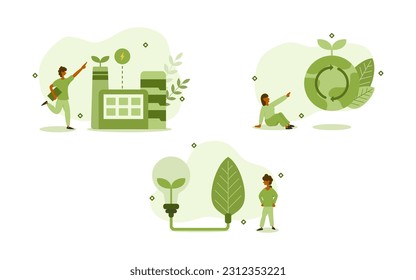 sustainability illustration set. sustainable clean energy industry. renewable green electricity and world health. clean energy source concept. vector illustration.