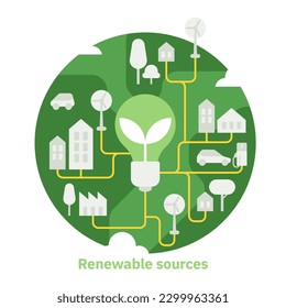 Sustainability illustration. Sustainable clean, renewable energy sources and green electricity. Environmental, Industrial, Social, and Corporate Governance concept. Vector illustration.