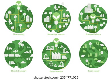 Sustainability illustration. Sustainable clean, renewable energy sources and green electricity. Environmental, Industrial, Social, and Corporate Governance concept. Vector illustration.