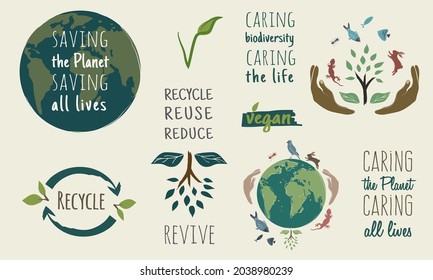 Ilustración y símbolos de sostenibilidad. Reciclaje, biodiversidad e íconos veganos. Leer con eslóganes motivacionales contra el cambio climático. Dibujos del planeta Tierra y manos sosteniendo la naturaleza.