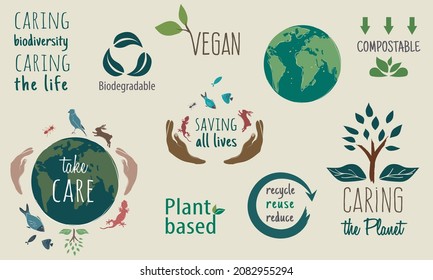 Ilustración y símbolos de sostenibilidad. Reciclaje, compost, íconos biodegradables y veganos. Leer con eslóganes motivacionales contra el cambio climático. Dibujo del planeta y manos sosteniendo la naturaleza.