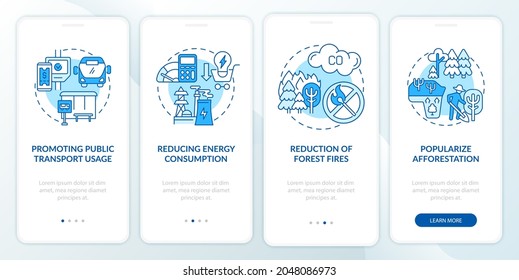 Sustainability initiatives onboarding mobile app page screen. Public transport walkthrough 4 steps graphic instructions with concepts. UI, UX, GUI vector template with linear color illustrations