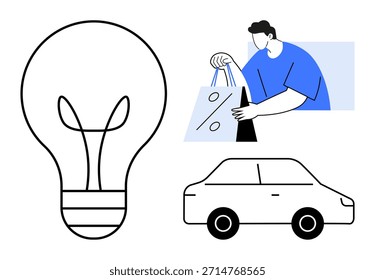 Sustentabilidade, inovação, e-commerce, transporte, criatividade, compras. Gráfico mostrando uma lâmpada, homem com sacos de compras e ícone de carro. Conceitos de sustentabilidade e inovação