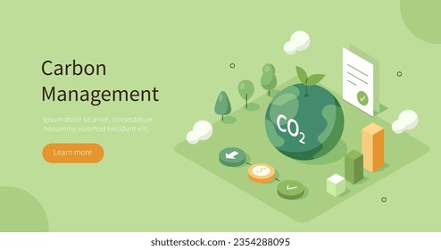 Sustainability isometric concept. Co2 emission impact reduction through carbon management and taxes. Low carbon and environmental responsibility. Vector illustration