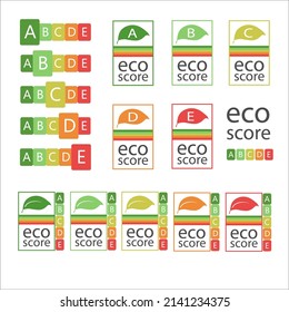 Etiquetado de sostenibilidad para alimentos: La nueva Eco-Puntuación. Impacto ambiental de los productos alimenticios. Calculando la puntuación ecológica. Símbolo de cuidado de la salud para el diseño de envases .Signo del sistema de puntuación Vector Nutri