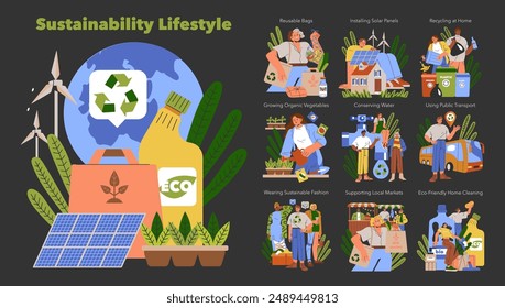 Sustainability Lifestyle concept. Daily habits for a greener life showcased with home solar panels, recycling, and organic farming. Public transport and eco-fashion choices. Vector illustration.