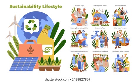 Sustainability Lifestyle concept. Everyday eco-friendly activities for a greener life. Including renewable energy, waste reduction, and organic farming. Vector illustration.