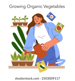 Concepto de estilo de vida de sostenibilidad. Mujer cuidando plantas, promoviendo el cultivo de vegetales orgánicos en casa. Hábitos de jardinería ecológicos. Ilustración vectorial.