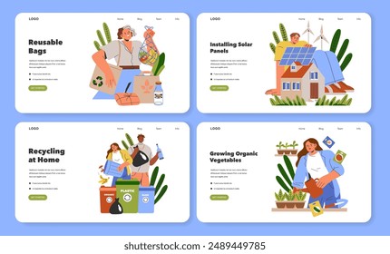 Sustainability Lifestyle set. Eco-friendly habits and renewable energy for green living. Reusable bags, solar panel installation, recycling at home, organic gardening. Vector illustration.