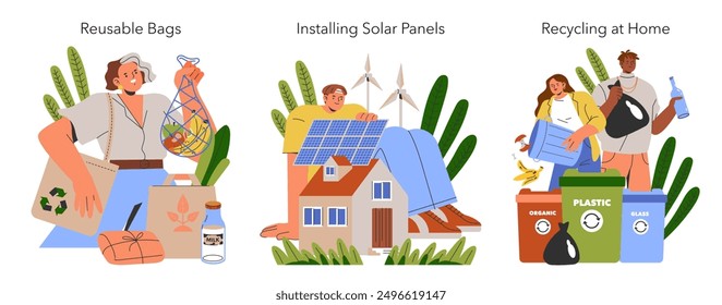 Sostenibilidad Conjunto de estilo de vida. Opciones ecológicas cotidianas, desde el uso de bolsas reutilizables hasta la instalación de paneles solares y el reciclaje en el hogar. Ilustración vectorial.