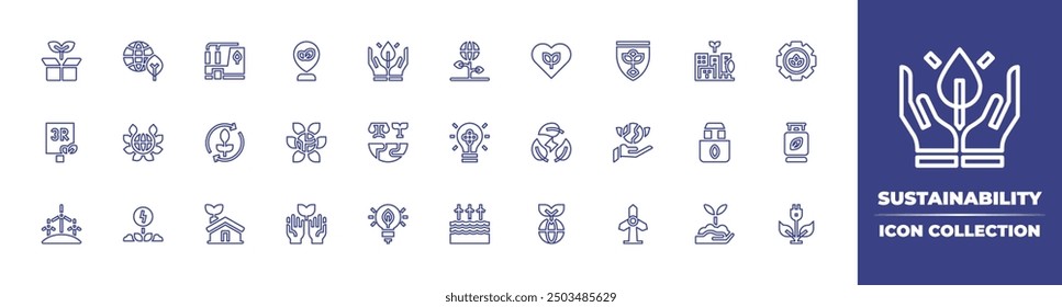 Sustainability line icon collection. Editable stroke. Vector illustration. Containing sustainable, greenenergy, greencity, planetearth, worldtrade, greenfactory, natural, signaling, earth.