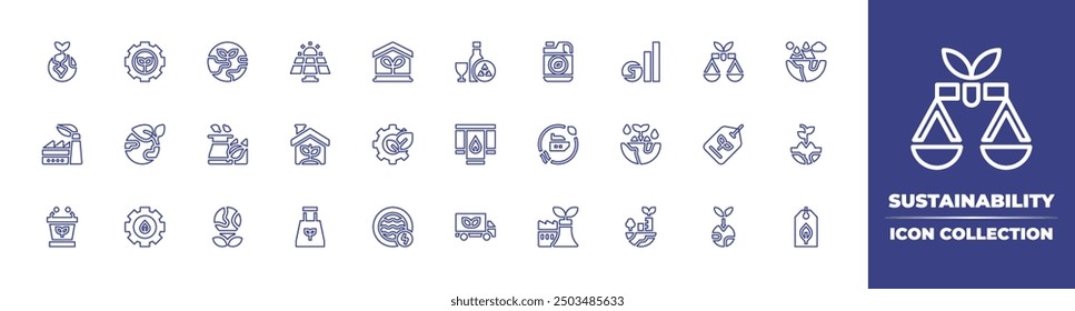 Colección de ícono de línea de sostenibilidad. Trazo editable. Ilustración vectorial. Contiene fábrica sostenible, ecológico, ecológico, invernadero, compras sostenibles, responsable, ecobulbo, industria.