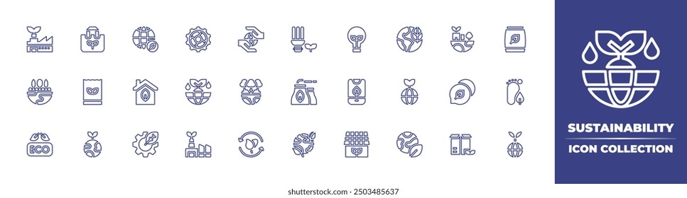 Sustainability line icon collection. Editable stroke. Vector illustration. Containing ecofactory, sustainablehome, earth, sustain, trees, eco, ecology, ecobag, lightbulb, shoppingbag.