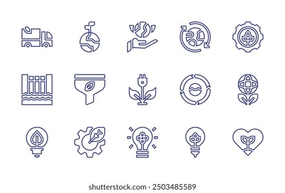 Symbolsatz für Nachhaltigkeitszeile. Bearbeitbarer Strich. Vektorgrafik. Enthaltene Ökologie, Erneuerbare, Erde, nachhaltig, Nachhaltigkeit, grüne Energie, hydroelectricdam, Filter, LKW.