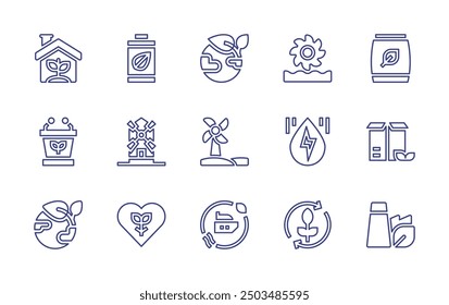 Sustainability line icon set. Editable stroke. Vector illustration. Containing windpower, greenhouse, responsible, earth, ecobattery, turbine, hydraulicenergy, architectureandcity.