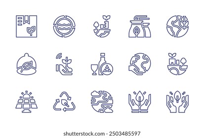 Sustainability line icon set. Editable stroke. Vector illustration. Containing sustainable, ecological, ecologism, factory, greencity, world, glassrecycling, package, plant.