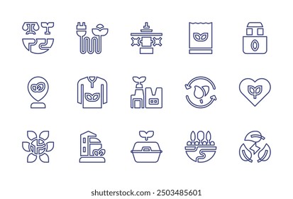 Sustainability line icon set. Editable stroke. Vector illustration. Containing recycling, greencity, greenenergy, worldtrade, tidalpower, shoppingbag, clothing, ecofactory.