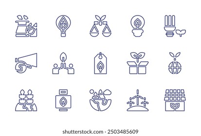 Symbolsatz für Nachhaltigkeitszeile. Bearbeitbarer Strich. Vektorgrafik. Mit Verantwortung, nachhaltig, grüne Energie, Glühbirne, Lautsprecher, Recht, Öko-Verpackung, Industrie.