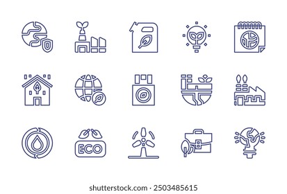 Sustainability line icon set. Editable stroke. Vector illustration. Containing factory, sustainable, sustainabletravel, eco, ecofriendly, greenenergy, water, windpower, industry, ecobag.