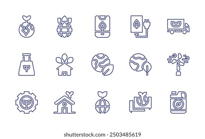 Conjunto de iconos de línea de sostenibilidad. Trazo editable. Ilustración vectorial. Contiene ecología, ecocombustible, compras sostenibles, ecohouse, energía verde, chat, turbina eólica.