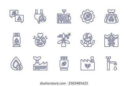 Sustainability line icon set. Editable stroke. Vector illustration. Containing ecofactory, sustainablecity, world, sustainable, gas, waterenergy, windturbine, hydrogen, plug.