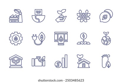 Conjunto de iconos de línea de sostenibilidad. Trazo editable. Ilustración vectorial. Contiene eco, desarrollo sostenible, viajes sostenibles, decoración, ecohouse, energía, huella de carbono, tierra, energía verde.