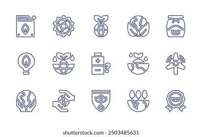 Sustainability line icon set. Editable stroke. Vector illustration. Containing earth, ecobattery, ecofuel, ecopackaging, sustain, ecology, world, innovation, reward, windmill, shield.